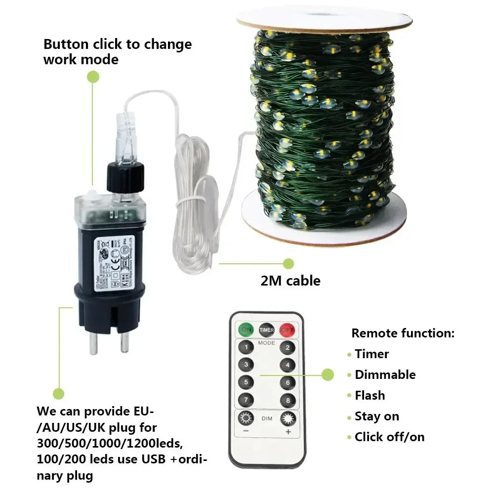 1000 LED Green Wire Fairy String Lights | Waterproof Christmas Tree & Holiday Decor, US/EU Plug 110V/220V