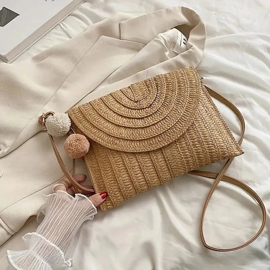 Handmade Straw Beach Bag – Small Woven Summer Shoulder Crossbody Clutch with Hair Ball