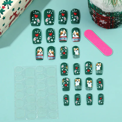 Medium Long Christmas Fake Nails – Square & Almond Tips with Tree, Snowflake & Snowman Designs
