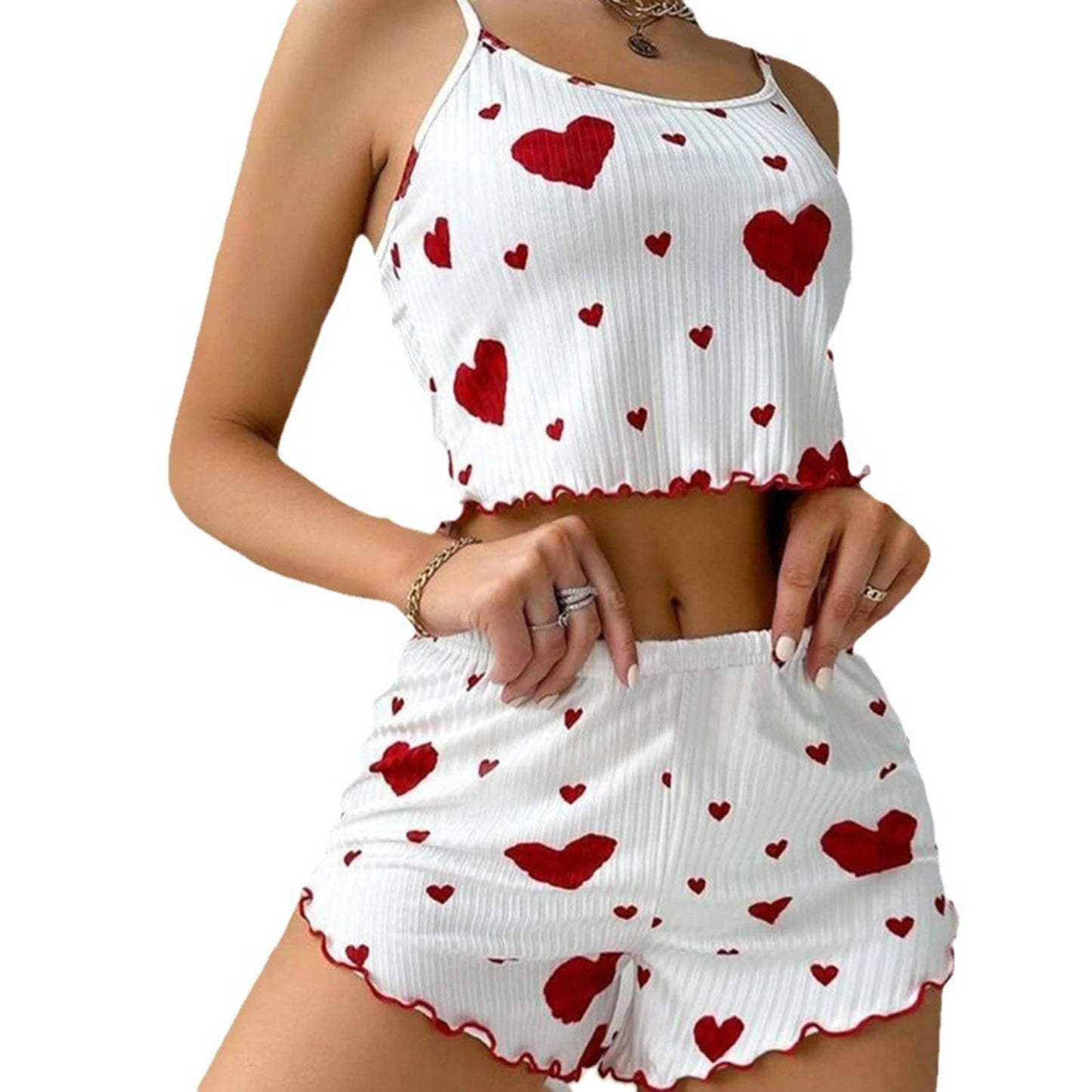 Women's 2PC Pajama Set – Soft Sleeveless Tank & Shorts | Casual Sleepwear with Love Print (S- L, White)