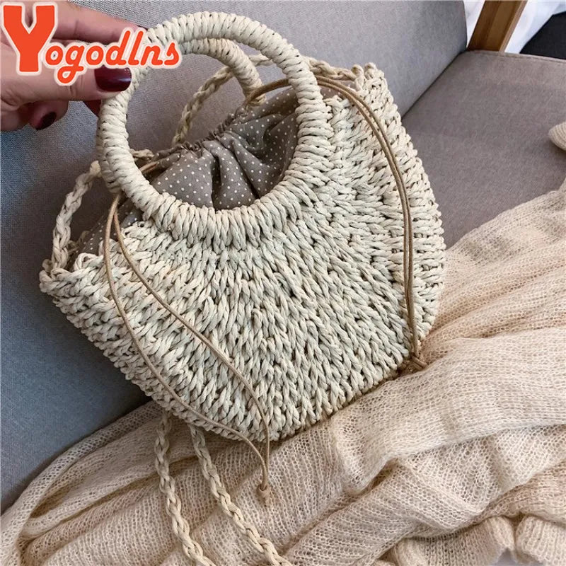 Yogodlns Handmade Half-Round Rattan Straw Bag – Summer Women’s Small Beach Messenger Crossbody Handbag