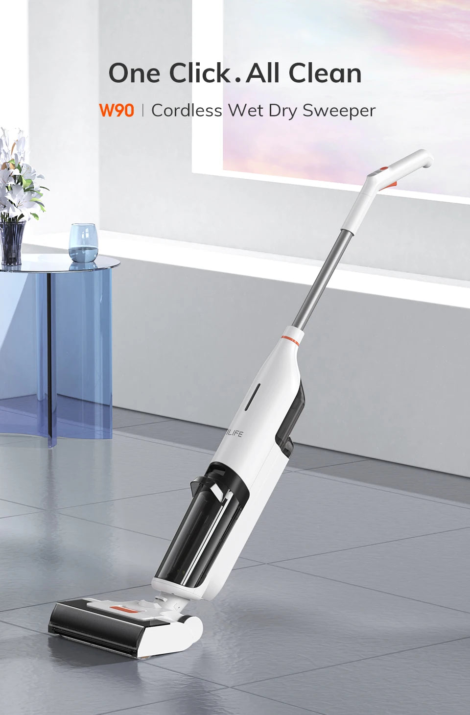 ILIFE W90 Cordless Wet Dry Smart Mop – 5500Pa Suction, Self-Cleaning in 1 Minute, Large Dual Water Tank