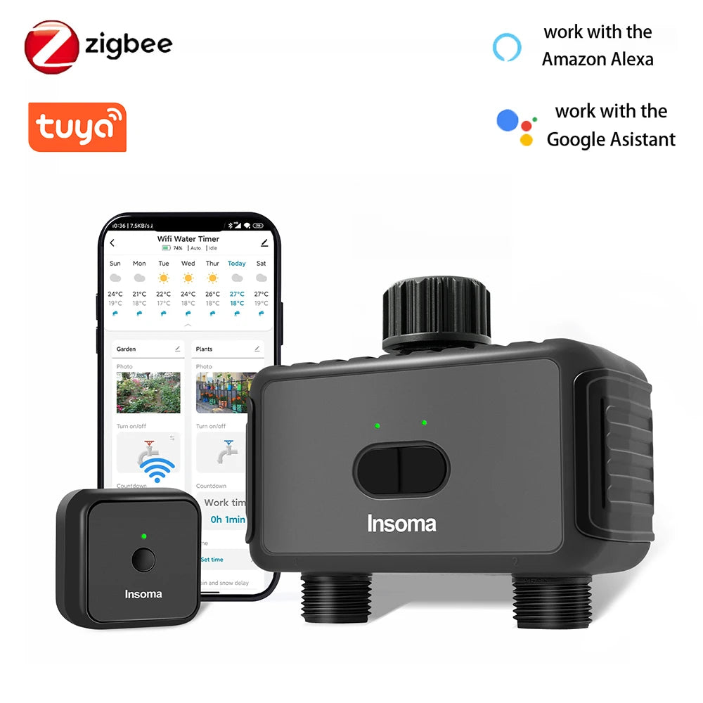Zigbee/WiFi Automatic Water Timer – Dual Hose Garden Irrigation System, Sprinkler Programmer, Alexa Support