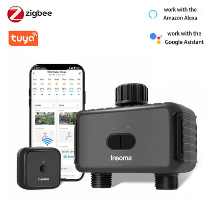 Zigbee/WiFi Automatic Water Timer – Dual Hose Garden Irrigation System, Sprinkler Programmer, Alexa Support
