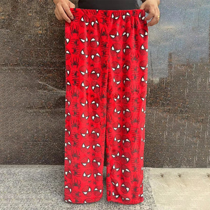 Hello Kitty Spider-Man Cotton Velvet Pajamas - Loose Long Pants, Cartoon Sleepwear for Women and Men, Casual Wear