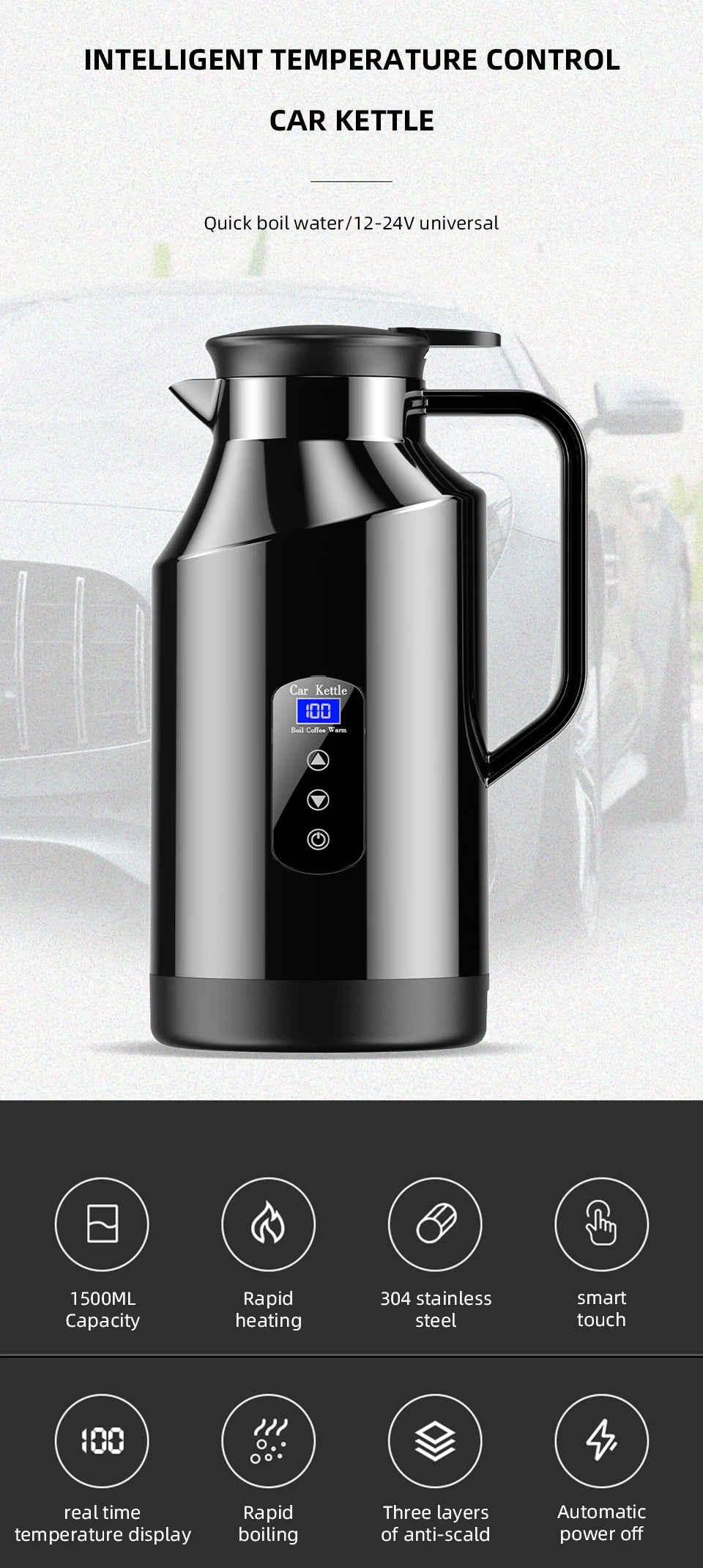 Yangood Portable Car Kettle 1500ML — Large Capacity 304 Stainless Steel Water Heater, 12V/24V for Travel, Tea, and Coffee