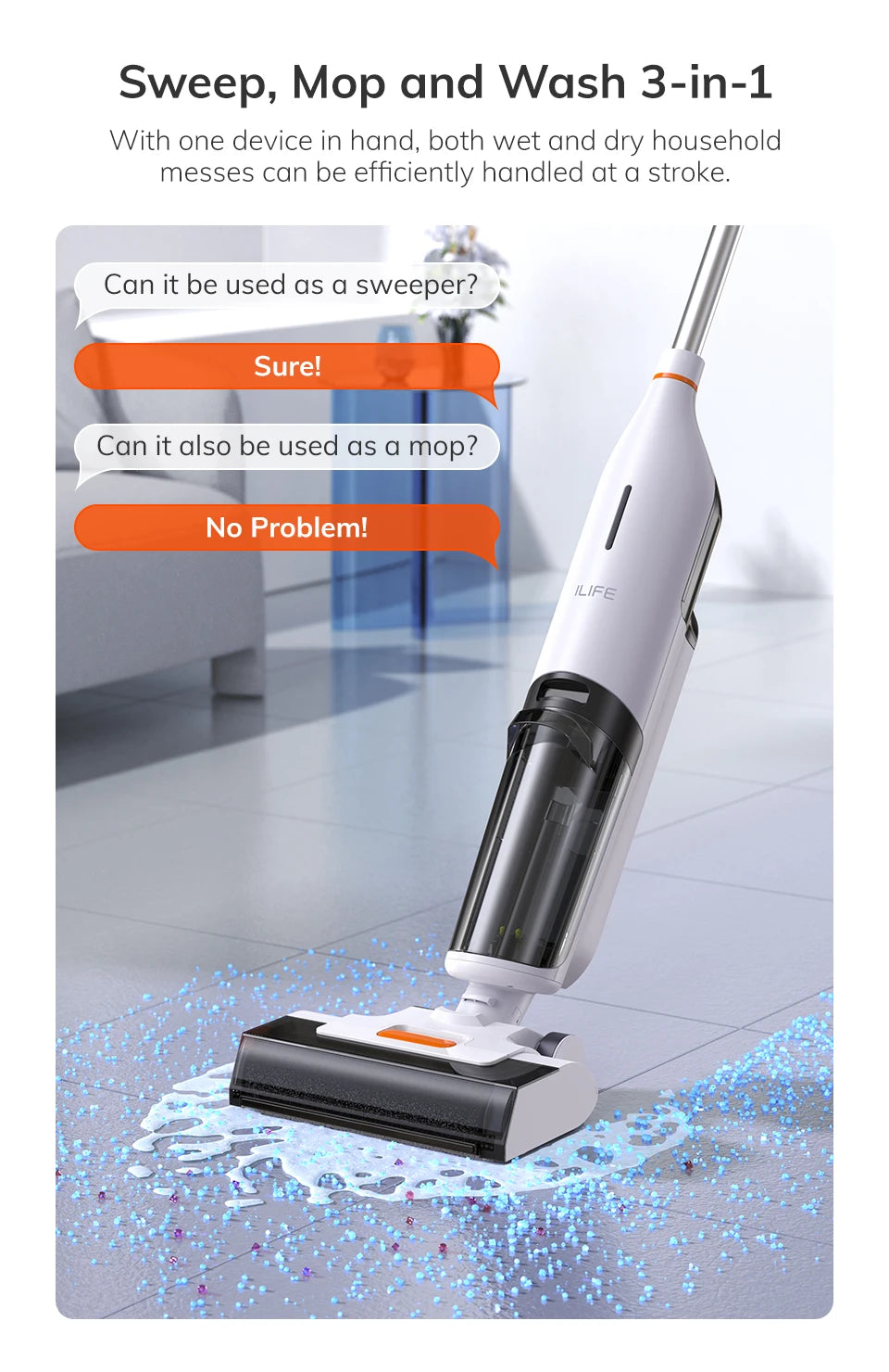 ILIFE W90 Cordless Wet Dry Smart Mop – 5500Pa Suction, Self-Cleaning in 1 Minute, Large Dual Water Tank