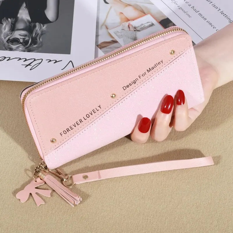 KISMIS New Long Women's Zipper Wallet - Korean Style with Color Contrast, Tassel and Rivet Details