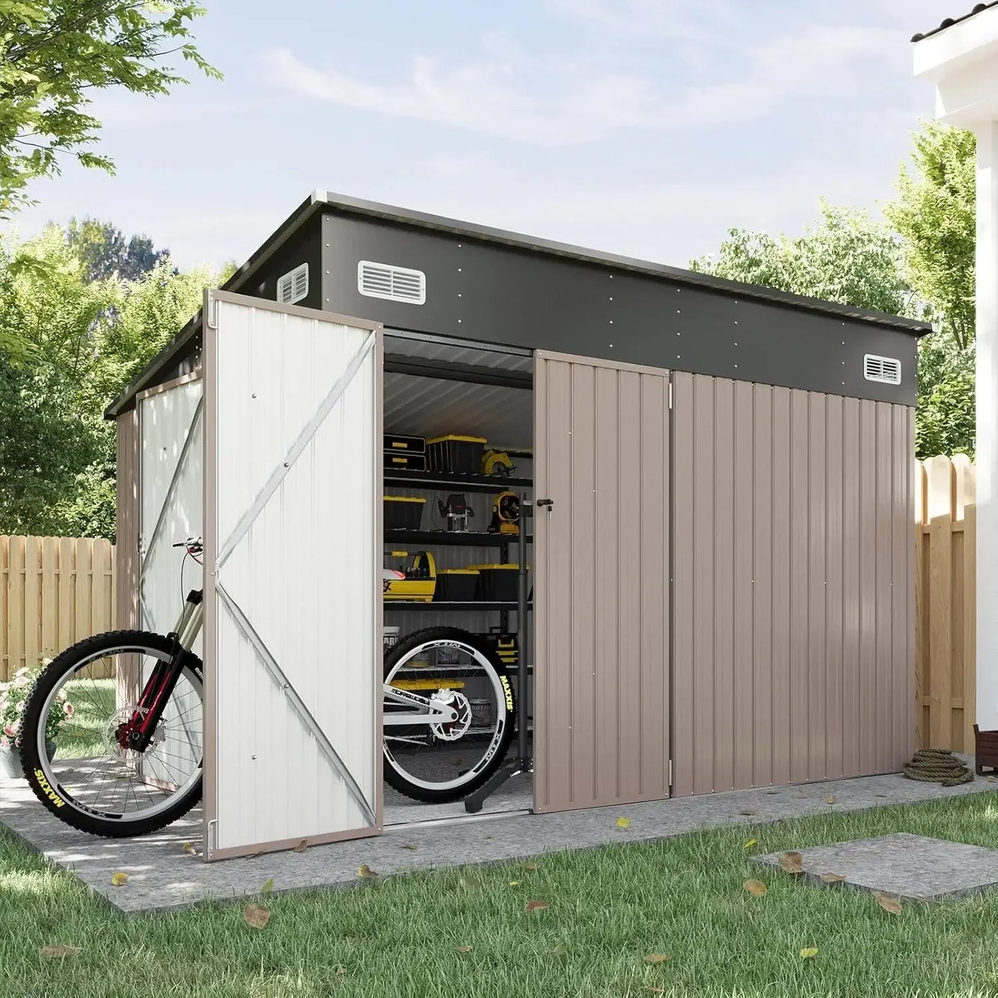 11.5'x7.5' Outdoor Metal Storage Shed – Triple Lockable Door with Sloping Roof for Tools & Bicycles