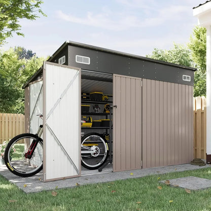 11.5'x7.5' Outdoor Metal Storage Shed – Triple Lockable Door with Sloping Roof for Tools & Bicycles