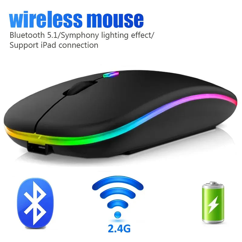 Wireless RGB Rechargeable Mouse - Bluetooth for Laptop PC, LED Backlit Silent Ergonomic Gaming Mouse