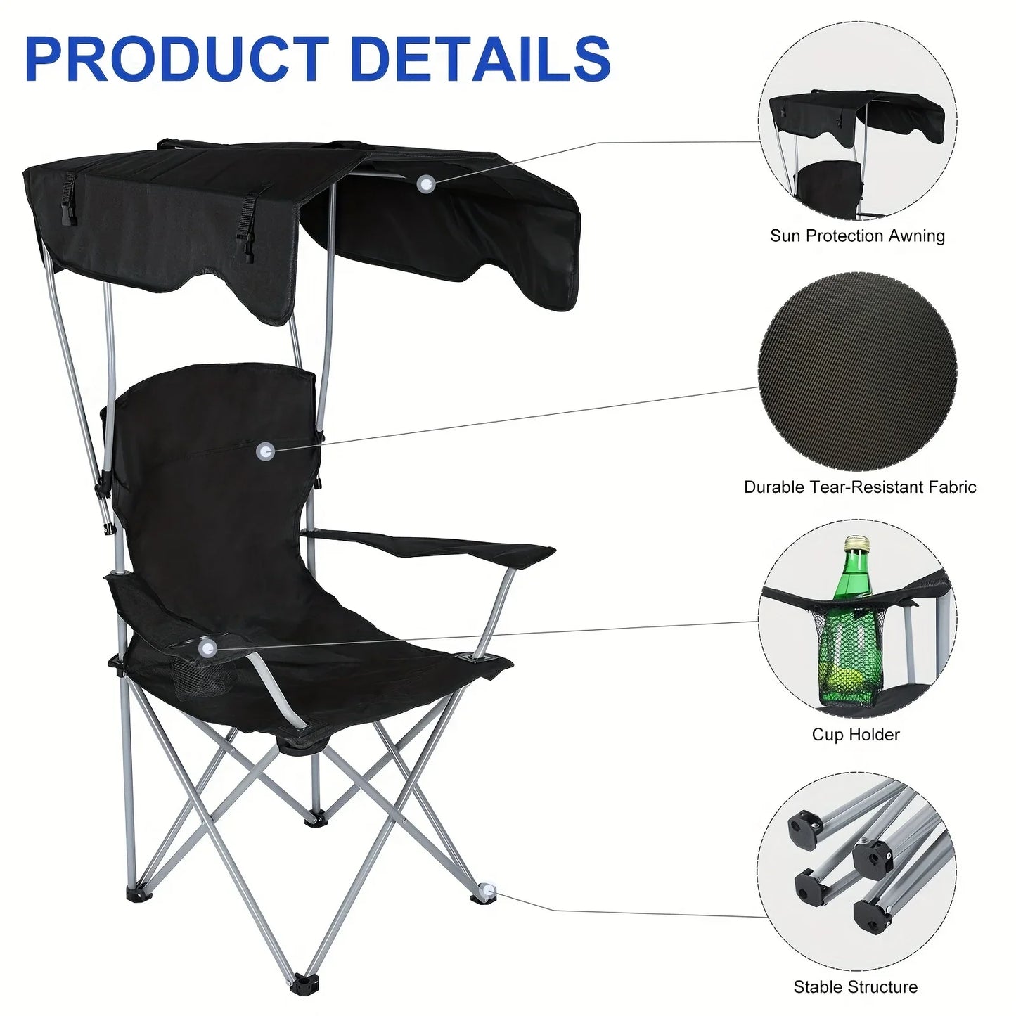 Canopy Lounge Chair with Sunshade – Portable Outdoor Camping & Hiking Chair with Holder, 1-Pack