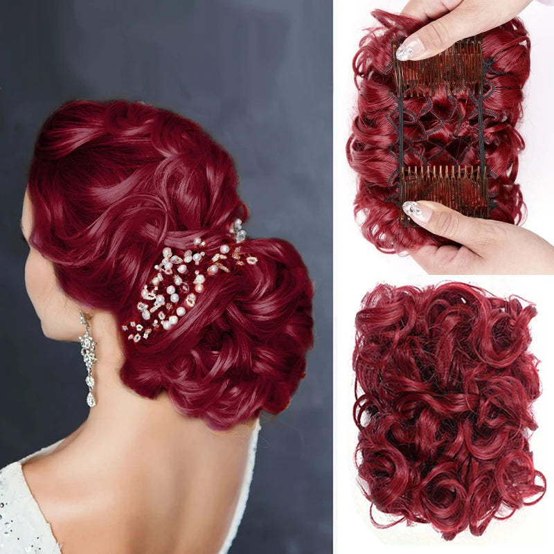 Short Messy Curly Hair Bun Extension – Easy Stretch Combs & Clip-in Ponytail Scrunchie Chignon for Hair Styling