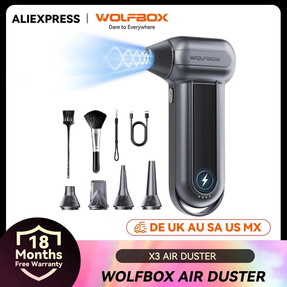 WOLFBOX MF100 Compressed Air Duster – 150000RPM Rechargeable Electric Fan Blower for Cleaning with Long Battery Life