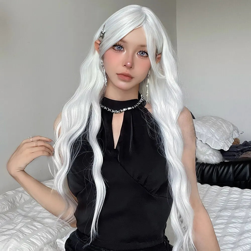 Long Water Wave Wig with Bangs: White Colorful Cosplay Silky Wig for Women - Daily Party Natural Soft Synthetic Hair, Heat Resistant