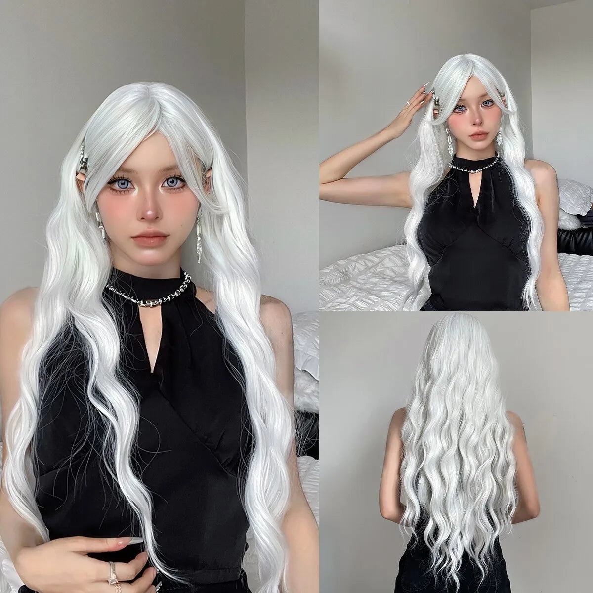 Long Water Wave Wig with Bangs: White Colorful Cosplay Silky Wig for Women - Daily Party Natural Soft Synthetic Hair, Heat Resistant