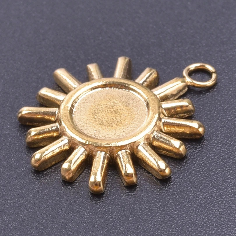 6pcs Real Gold-Plated Sun Charms - Stainless Steel Jewelry Making Pendants, Heart, Moon & Sunshine Design