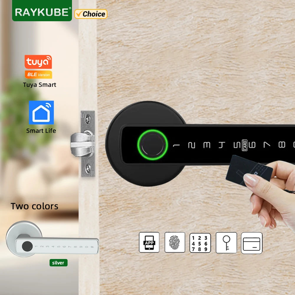 RAYKUBE Tuya BLE Fingerprint Digital Door Lock – Password, Key, IC Card & Smartlife App Unlock