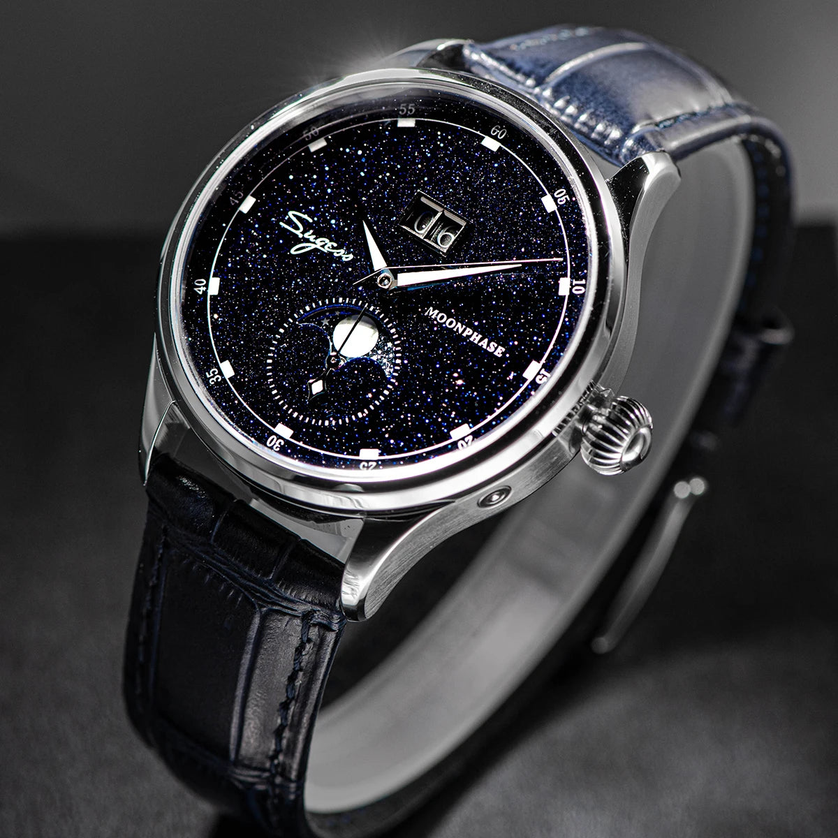 Sugess Origin ST2528 Mechanical Watch – Men's Luxury Moonphase Wristwatch with Real Blue Stone Dial & Stainless Steel Case