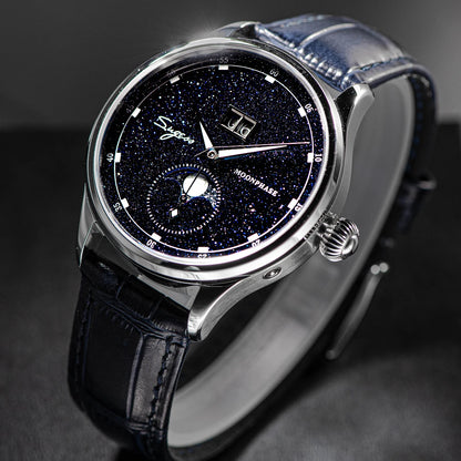 Sugess Origin ST2528 Mechanical Watch – Men's Luxury Moonphase Wristwatch with Real Blue Stone Dial & Stainless Steel Case