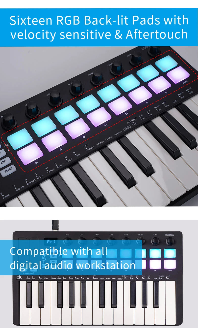 M-VAVE SMK-Ⅱ 25-Key MIDI Keyboard Controller – Bluetooth, 16 RGB Drum Pads, Semi-Weighted Dynamic Keybed