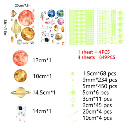 849Pcs Glow in the Dark Stars and Planets Wall Stickers - Luminous Spaceship and Fluorescent Star Decals for Ceiling Decoration