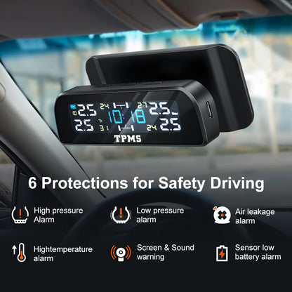 Solar Car TPMS Tire Pressure Monitoring System – External Sensors for 4 Wheels Tyre Pressure Detection