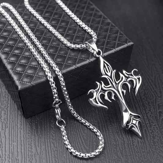 Stainless Steel Flame Cross Pendant Necklace – Retro Titanium Steel Men’s Jewelry