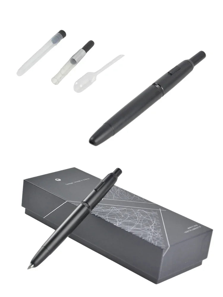 Majohn A1 Press Fountain Pen - Retractable EF Nib 0.4mm, Metal Matte Black Ink Pen with Converter, Ideal Student Gift