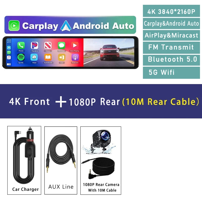 11.26" 4K 2160P Car DVR Dash Cam – CarPlay, Android Auto, GPS, WiFi, Bluetooth, FM, Rear View Mirror Camera & Drive Recorder