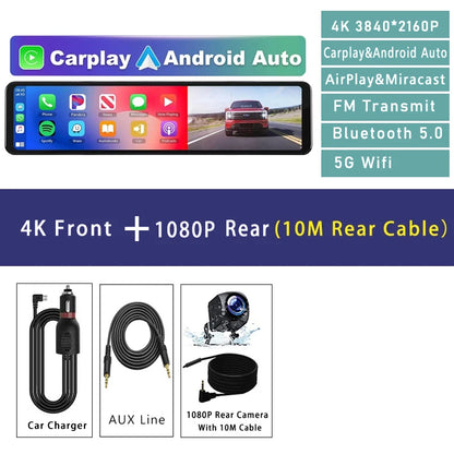 11.26" 4K 2160P Car DVR Dash Cam – CarPlay, Android Auto, GPS, WiFi, Bluetooth, FM, Rear View Mirror Camera & Drive Recorder