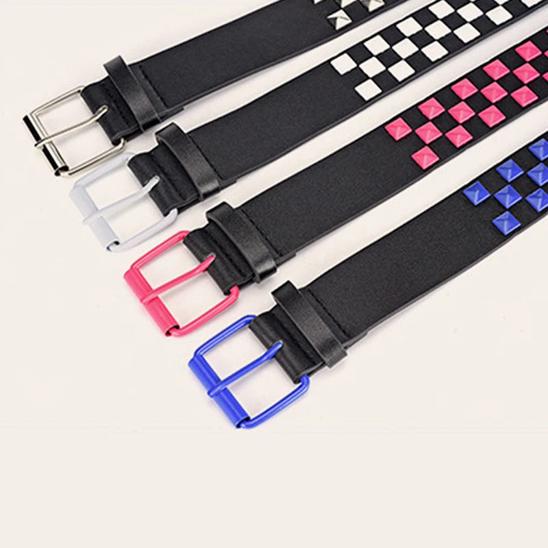 Personalized Checkerboard PU Leather Belt – 107CM Unisex Rivet Punk Hip-Hop Fashion Accessory