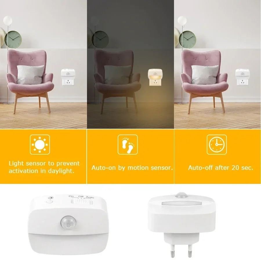 Motion Sensor LED Night Light – PIR Human Induction Lamp with EU/US Plug, Ideal for Bedroom, Hallway & Stairs Lighting
