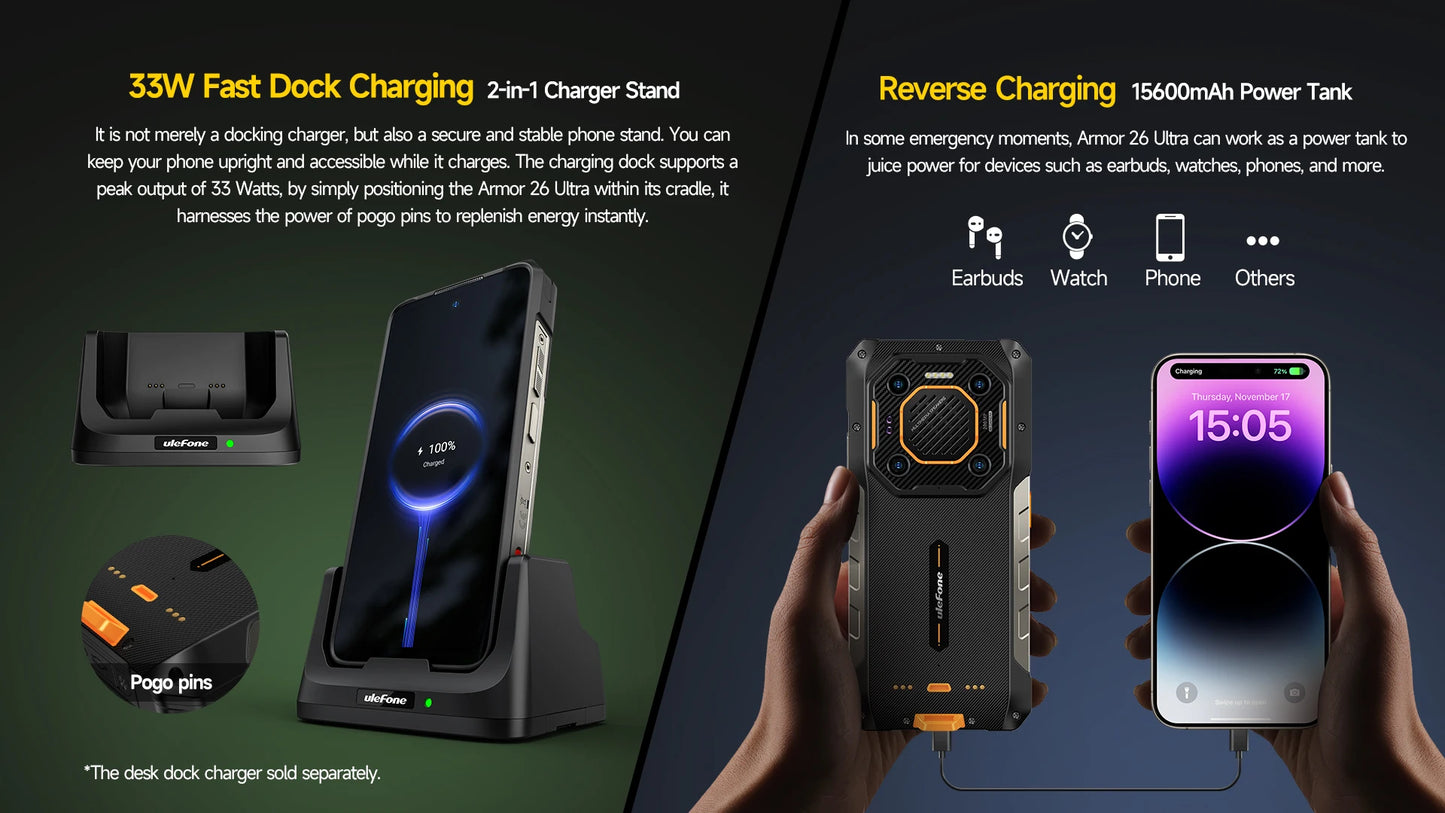 Ulefone Armor 26 Ultra 5G Rugged Waterproof Smartphone - 120W Fast Charging, 15600mAh, 200MP+64MP, 24GB+512GB, NFC