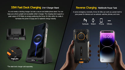 Ulefone Armor 26 Ultra 5G Rugged Waterproof Smartphone - 120W Fast Charging, 15600mAh, 200MP+64MP, 24GB+512GB, NFC