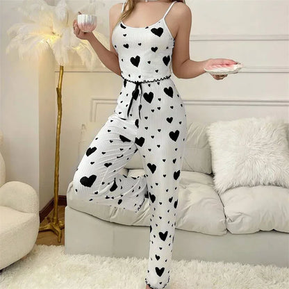 Women’s Autumn Winter Pajama Set – Heart Print Sleeveless Cami Top & Long Pants Sleepwear