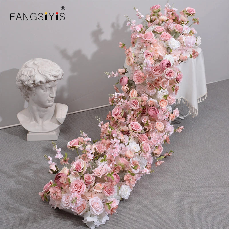 Pink Rose Artificial Flower Row – Large Floral Runner for Wedding Backdrop, Party Decor & Showcase Display Prop