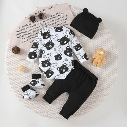 0-9 Months Baby Boy Set – Little Bear Long Sleeve Bodysuit, Pants, Hat & Socks for Spring & Autumn Newborns