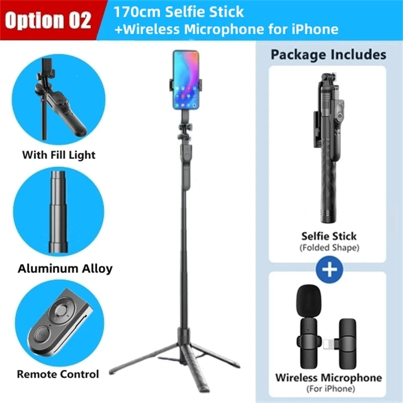 FANGTUOSI 1750mm Wireless Selfie Stick Tripod – Foldable Monopod with LED Light for Smartphones, Steady Live Shooting
