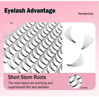 CoMango Wispy Premade Volume Lash Fans – 3-10D Individual Short Stem Faux Mink Russian Eyelash Extensions, 320 Fans