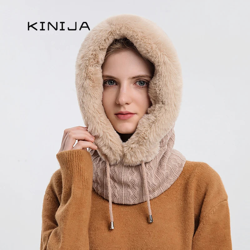 Winter Fur Cap Mask Set – Hooded Knitted Cashmere Neck Warmer, Plush Windproof Balaclava Ski Beanie for Women