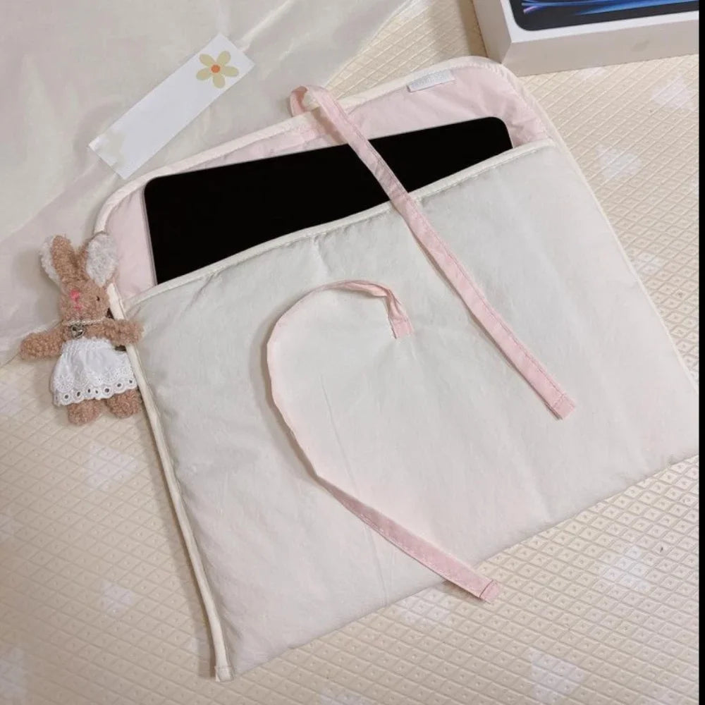 2 Piece Ballet Style Tablet Protective Case | Solid Color Laptop and Tablet Storage Bag for 11-13 Inch | Pink Bow Quilted Tablet Bag