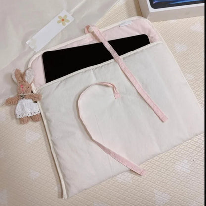 2 Piece Ballet Style Tablet Protective Case | Solid Color Laptop and Tablet Storage Bag for 11-13 Inch | Pink Bow Quilted Tablet Bag
