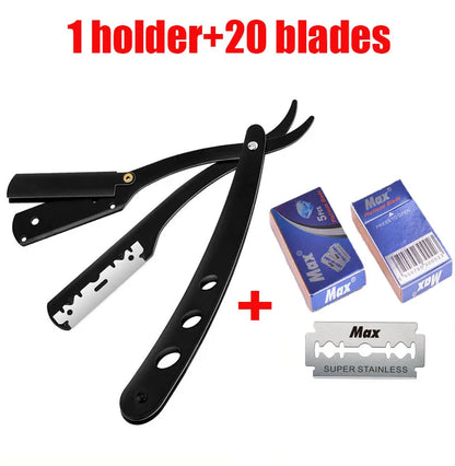 1 Holder + 10/20 Blades Straight Folding Shaver — Men's Manual Razor with Sharp Barber Blade