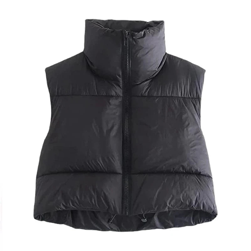 Autumn Winter Women's Short Cotton Down Vest – Warm Quilted Sleeveless Jacket with Stand-Up Collar for Outdoor Travel