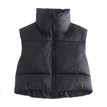 Autumn Winter Women's Short Cotton Down Vest – Warm Quilted Sleeveless Jacket with Stand-Up Collar for Outdoor Travel