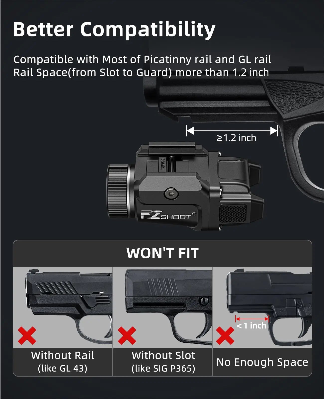 500 Lumens Pistol Light – Rechargeable Flashlight with Strobe Mode for Picatinny & GL Rails, Mini Gun Light