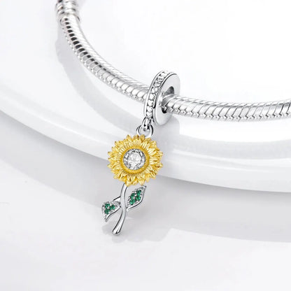 MULA Silver-Plated Sunflower & Four-Leaf Clover Dangle Charms - DIY 3MM Snake Chain Bracelet