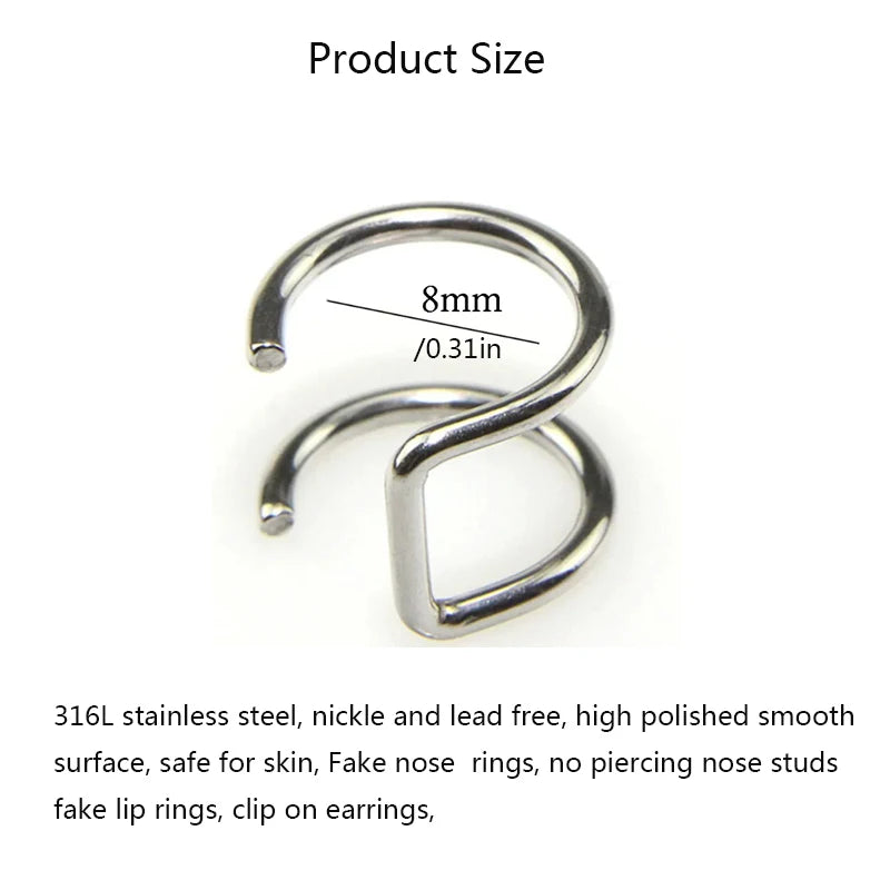 2Pcs 316L Stainless Steel Fake Piercing Jewelry: Clip-on Ear Cuffs & Labret Rings - Non-Piercing Accessories for Women and Men