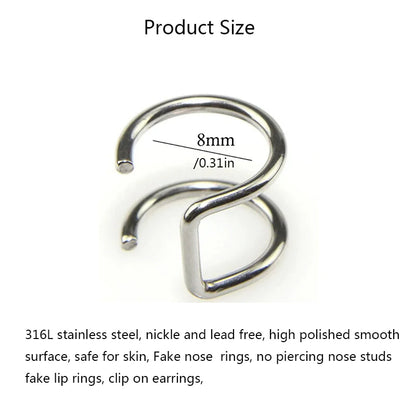 2Pcs 316L Stainless Steel Fake Piercing Jewelry: Clip-on Ear Cuffs & Labret Rings - Non-Piercing Accessories for Women and Men